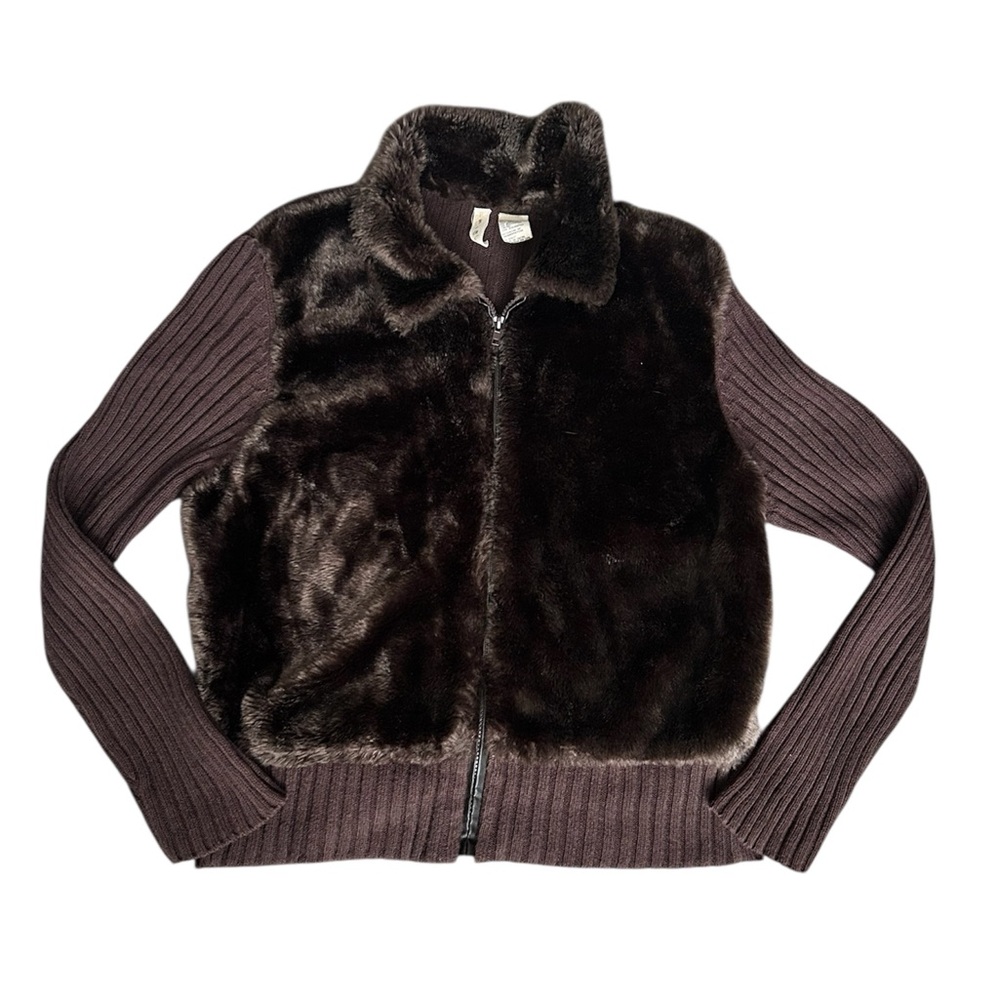Tiara Y2K Vintage Faux Fur Ribbed Sweater Jacket junior size large - Picture 2 of 6